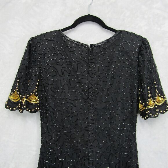 Laurence Kazar Black Gold Beaded Sequin Evening Dress Mini Short Sleeve Silk S - Picture 4 of 13